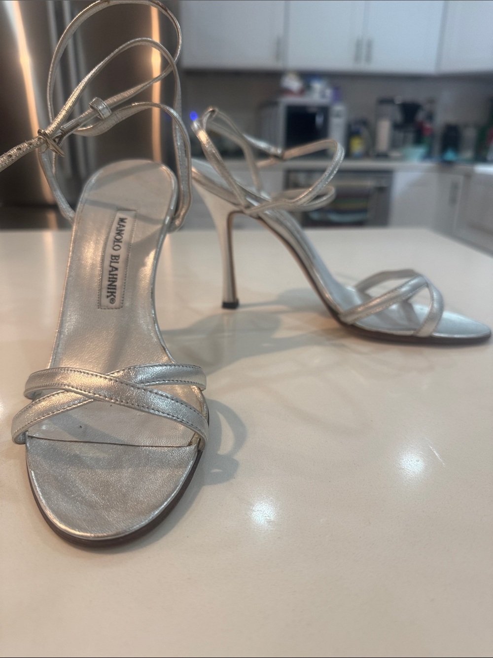 Manolo Blahnik Silver Metallic Strappy Stiletto Sandals